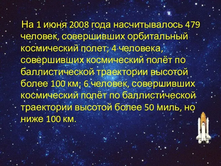 На 1 июня 2008 года насчитывалось 479 человек, совершивших орбитальный космический