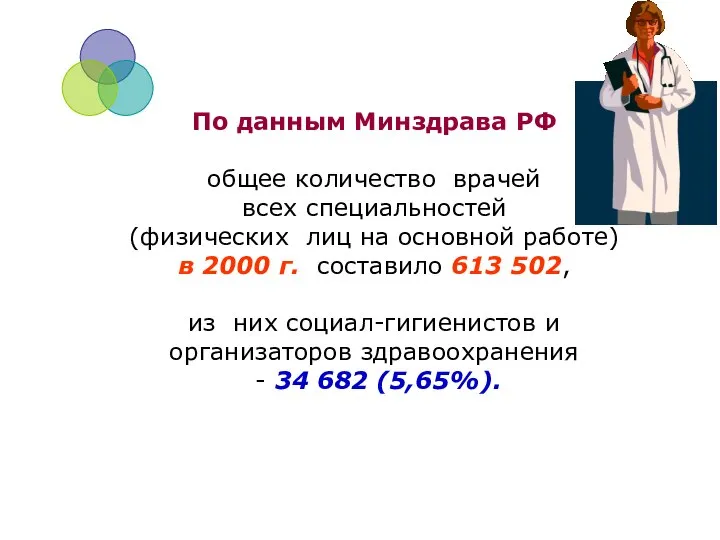 По данным Минздрава РФ общее количество врачей всех специальностей (физических лиц