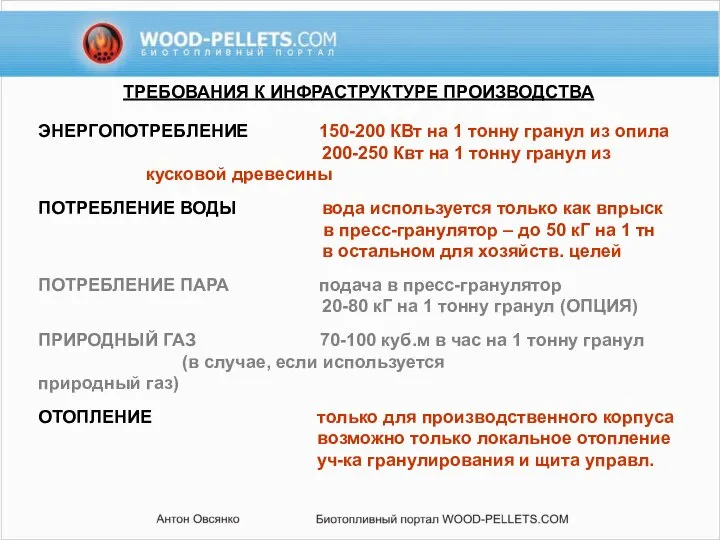 ТРЕБОВАНИЯ К ИНФРАСТРУКТУРЕ ПРОИЗВОДСТВА ЭНЕРГОПОТРЕБЛЕНИЕ 150-200 КВт на 1 тонну гранул