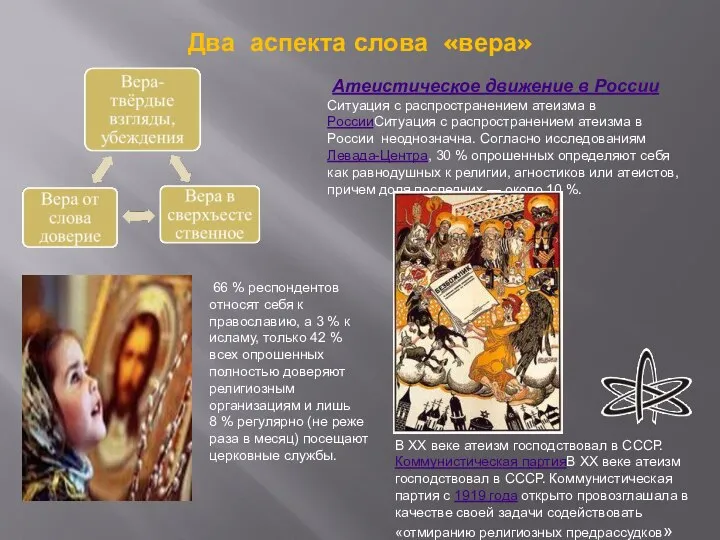 Два аспекта слова «вера» Атеистическое движение в России Ситуация с распространением