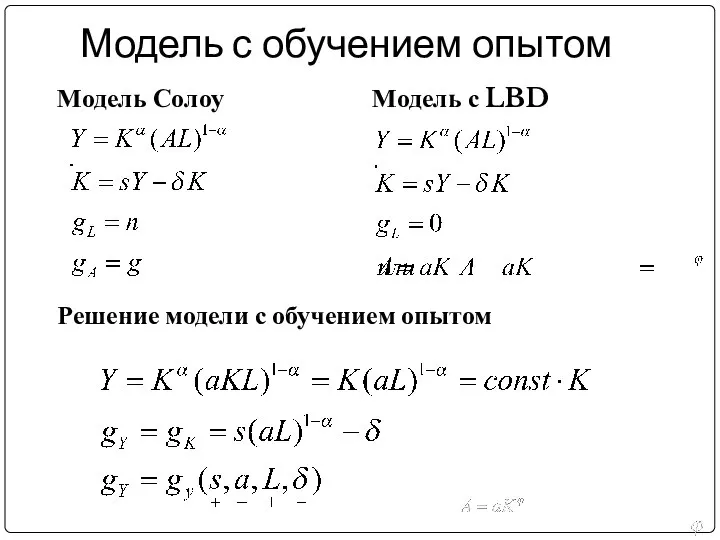 Модель Солоу Решение модели с обучением опытом Модель с LBD Модель с обучением опытом