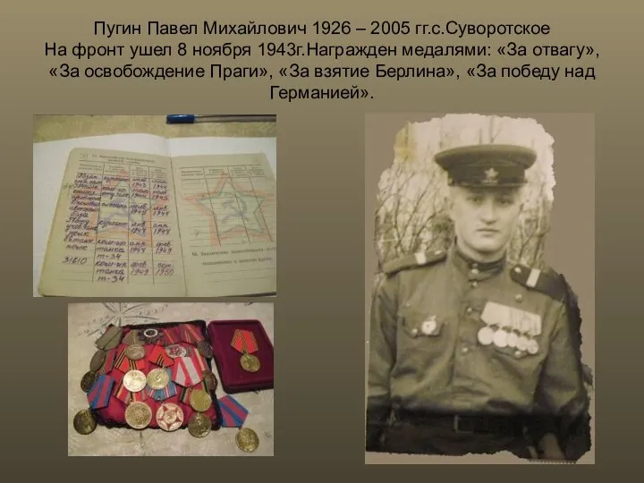 Пугин Павел Михайлович 1926 – 2005 гг.с.Суворотское На фронт ушел 8