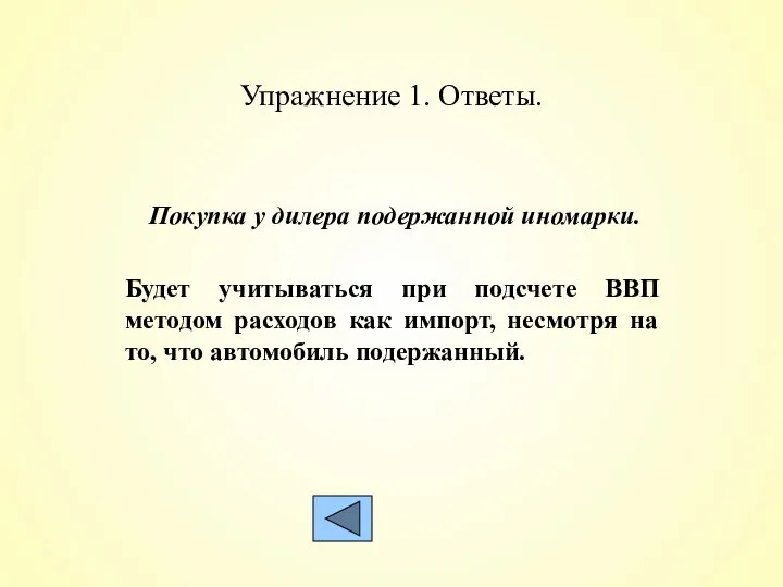 Упражнение 1. Ответы. Покупка у дилера подержанной иномарки. Будет учитываться при