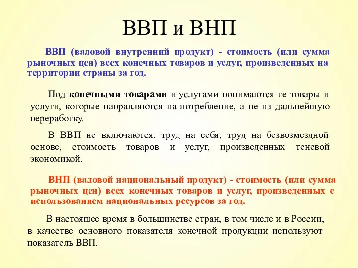 ВВП и ВНП ВВП (валовой внутренний продукт) - стоимость (или сумма