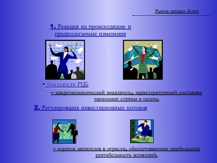 Рынок ценных бумаг Функции 1. Реакция на происходящие и предполагаемые изменения