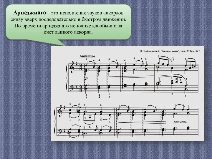 Арпеджиато – это исполнение звуков аккордов снизу вверх последовательно в быстром