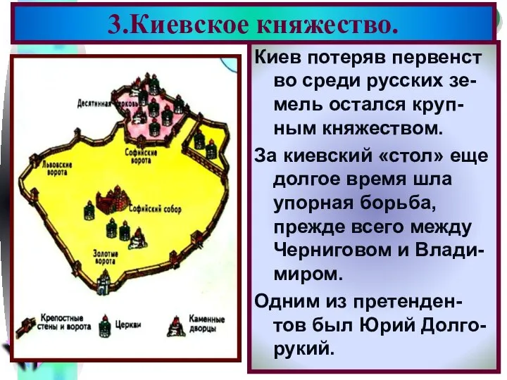 3.Киевское княжество. Киев потеряв первенст во среди русских зе-мель остался круп-ным