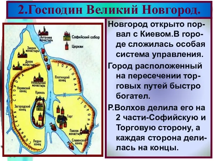 2.Господин Великий Новгород. Новгород открыто пор-вал с Киевом.В горо- де сложилась