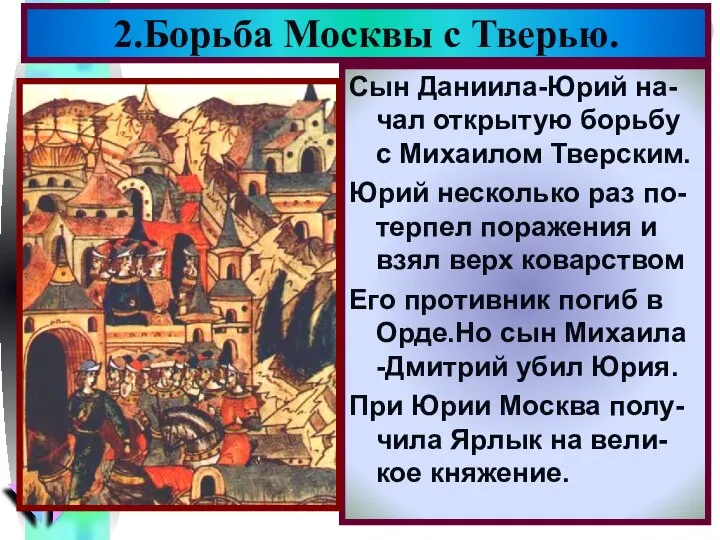 Сын Даниила-Юрий на-чал открытую борьбу с Михаилом Тверским. Юрий несколько раз