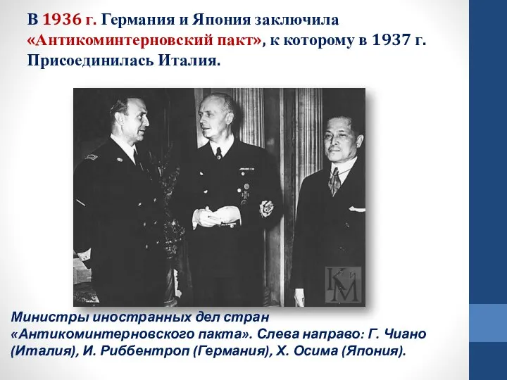 Министры иностранных дел стран «Антикоминтерновского пакта». Слева направо: Г. Чиано (Италия),