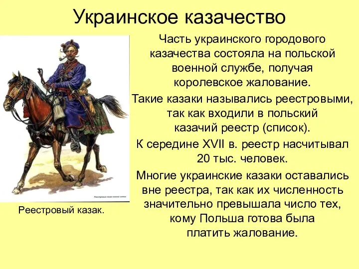 Украинское казачество Часть украинского городового казачества состояла на польской военной службе,