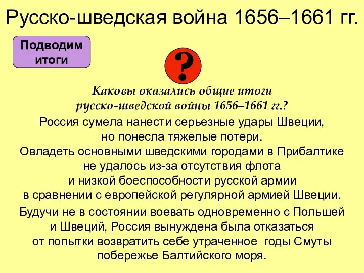 Русско-шведская война 1656–1661 гг. Каковы оказались общие итоги русско-шведской войны 1656–1661