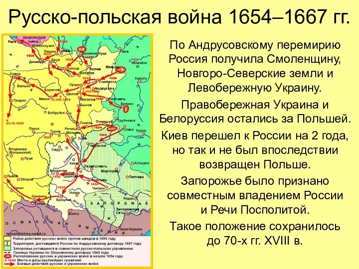 Русско-польская война 1654–1667 гг. По Андрусовскому перемирию Россия получила Смоленщину, Новгоро-Северские