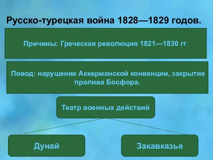 Русско-турецкая война 1828—1829 годов. Причины: Греческая революция 1821—1830 гг. Повод: нарушение