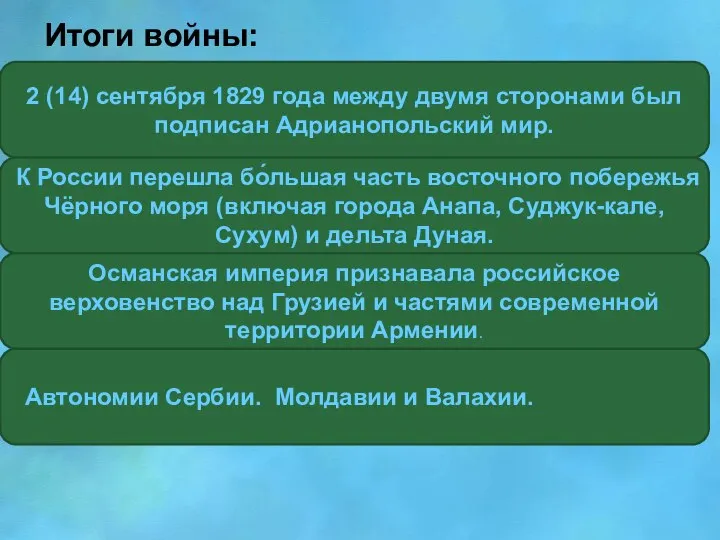 Итоги войны: 2 (14) сентября 1829 года между двумя сторонами был