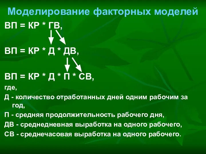 Моделирование факторных моделей ВП = КР * ГВ, ВП = КР