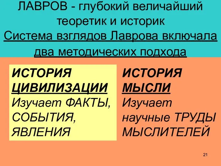 ЛАВРОВ - глубокий величайший теоретик и историк Система взглядов Лаврова включала