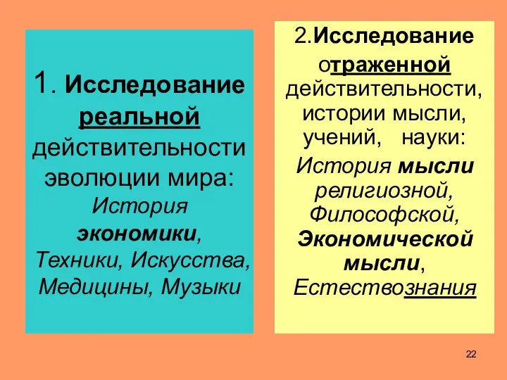 1. Исследование реальной действительности эволюции мира: История экономики, Техники, Искусства, Медицины,