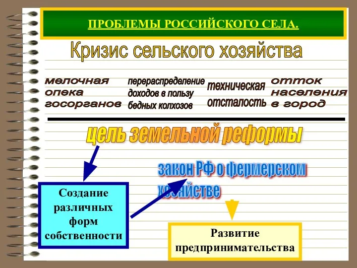 ПРОБЛЕМЫ РОССИЙСКОГО СЕЛА. Кризис сельского хозяйства мелочная опека госорганов перераспределение доходов