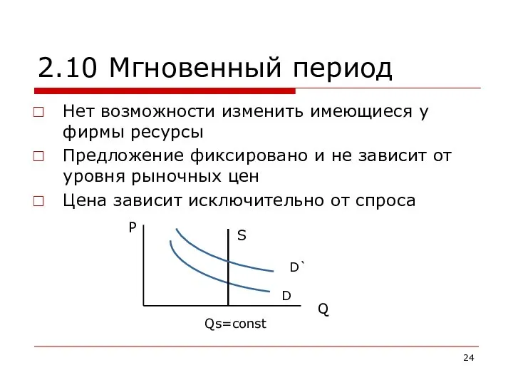 2.10 Мгновенный период Нет возможности изменить имеющиеся у фирмы ресурсы Предложение