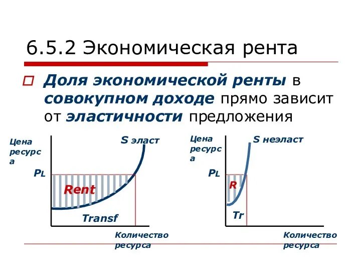 6.5.2 Экономическая рента Доля экономической ренты в совокупном доходе прямо зависит от эластичности предложения