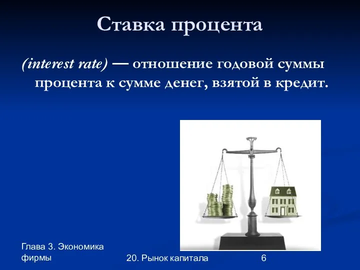 Глава 3. Экономика фирмы 20. Рынок капитала Ставка процента (interest rate)