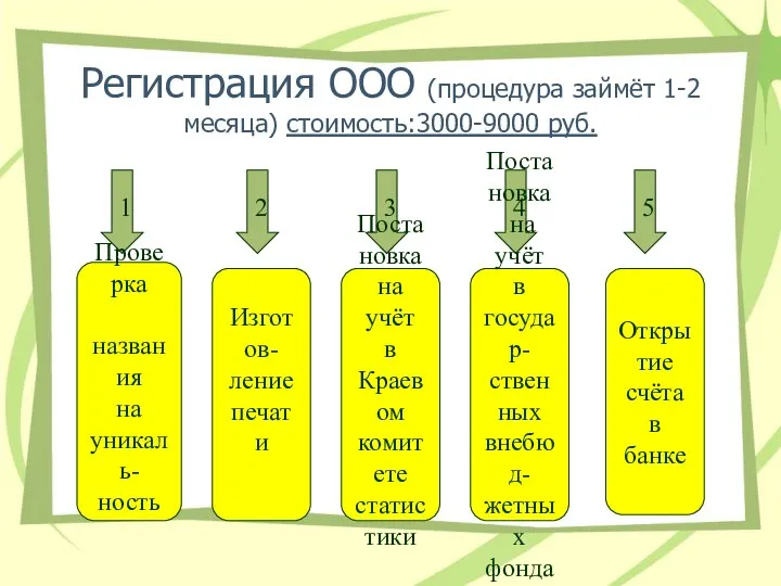 Регистрация ООО (процедура займёт 1-2 месяца) стоимость:3000-9000 руб. 1 2 3