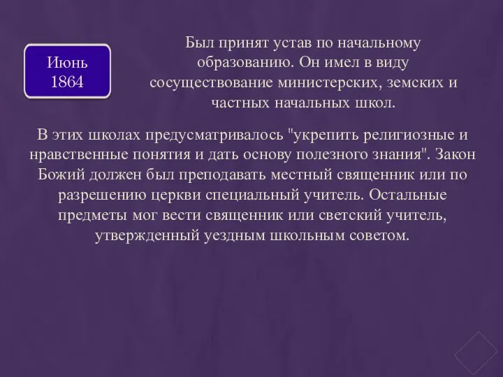 Июнь 1864 Был принят устав по начальному образованию. Он имел в