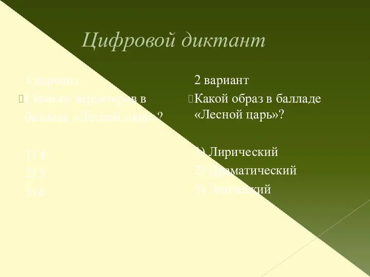 Цифровой диктант 1 вариант Сколько характеров в балладе «Лесной царь»? 1)