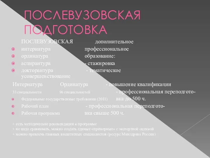 ПОСЛЕВУЗОВСКАЯ ПОДГОТОВКА ПОСЛЕВУЗОВСКАЯ дополнительное интернатура профессиональное ординатура образование: аспирантура - стажировка