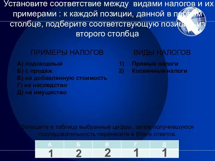 Установите соответствие между видами налогов и их примерами : к каждой