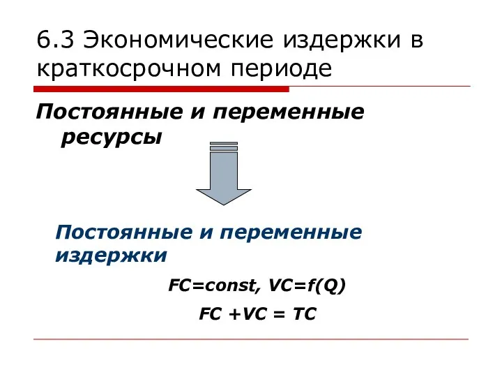 6.3 Экономические издержки в краткосрочном периоде Постоянные и переменные ресурсы Постоянные