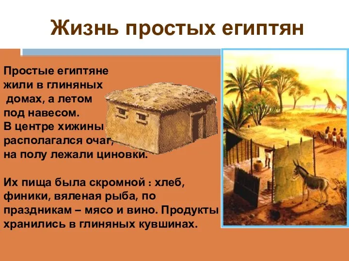 Жизнь простых египтян Простые египтяне жили в глиняных домах, а летом