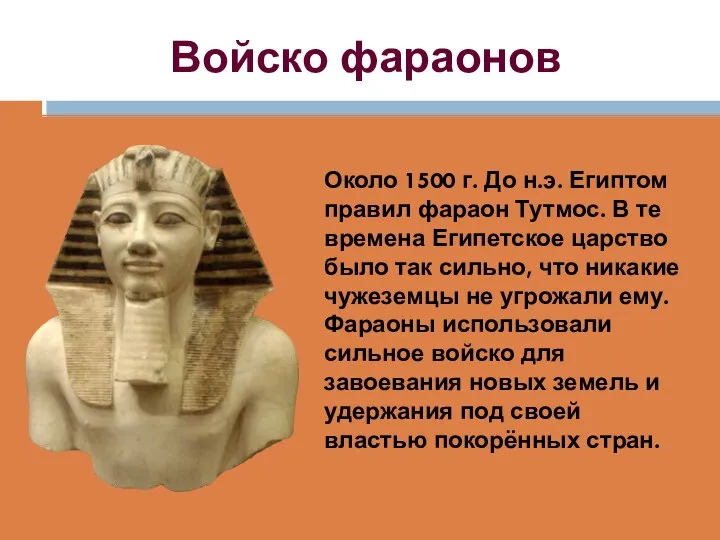 Войско фараонов Около 1500 г. До н.э. Египтом правил фараон Тутмос.