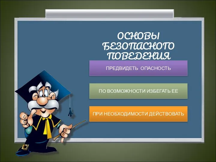 ОСНОВЫ БЕЗОПАСНОГО ПОВЕДЕНИЯ ПРЕДВИДЕТЬ ОПАСНОСТЬ ПО ВОЗМОЖНОСТИ ИЗБЕГАТЬ ЕЕ ПРИ НЕОБХОДИМОСТИ ДЕЙСТВОВАТЬ