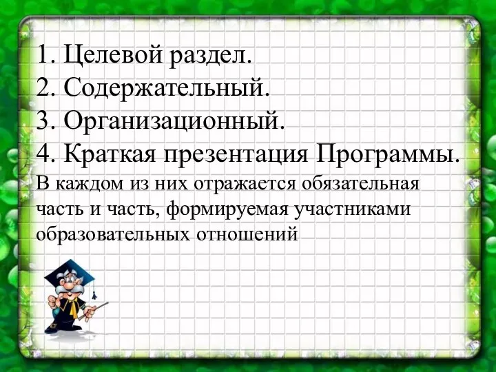 1. Целевой раздел. 2. Содержательный. 3. Организационный. 4. Краткая презентация Программы.