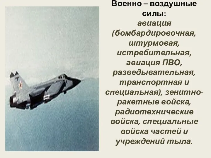 Военно – воздушные силы: авиация (бомбардировочная, штурмовая, истребительная, авиация ПВО, разведывательная,