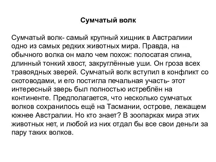 Сумчатый волк Сумчатый волк- самый крупный хищник в Австралиии одно из