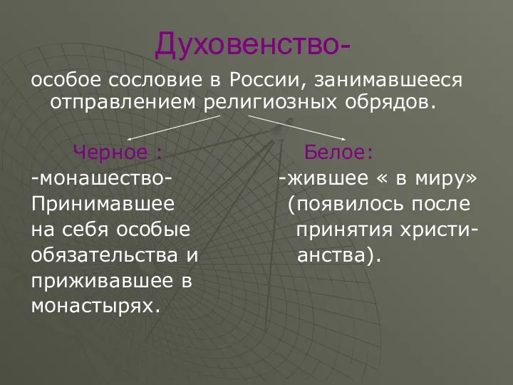 Духовенство- особое сословие в России, занимавшееся отправлением религиозных обрядов. Черное :