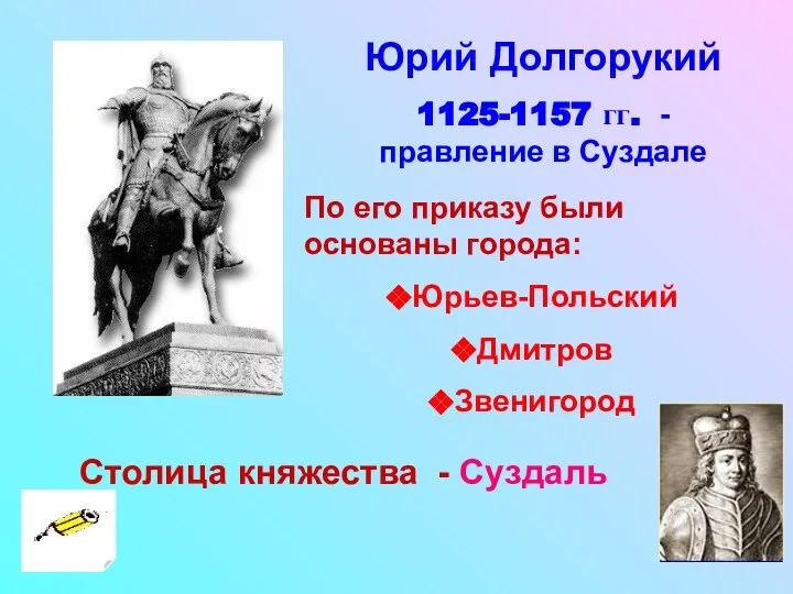 Юрий Долгорукий 1125-1157 гг. - правление в Суздале По его приказу