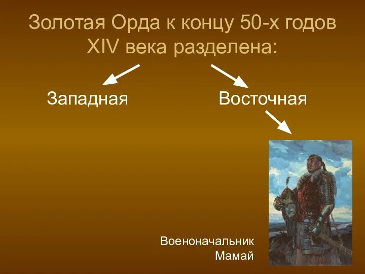 Золотая Орда к концу 50-х годов XIV века разделена: Западная Восточная Военоначальник Мамай