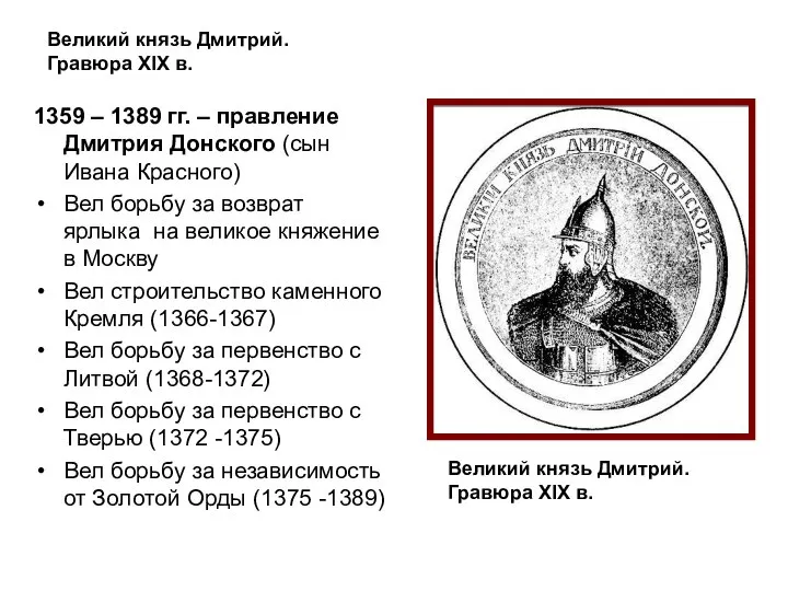 Великий князь Дмитрий. Гравюра XIX в. 1359 – 1389 гг. –