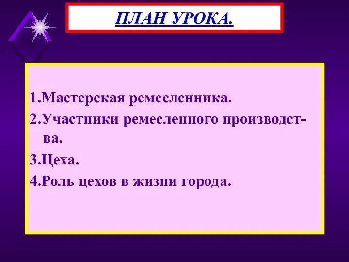 1.Мастерская ремесленника. 2.Участники ремесленного производст-ва. 3.Цеха. 4.Роль цехов в жизни города. ПЛАН УРОКА.