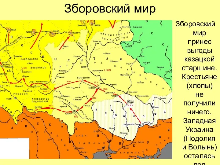 Зборовский мир Зборовский мир принес выгоды казацкой старшине. Крестьяне (хлопы) не