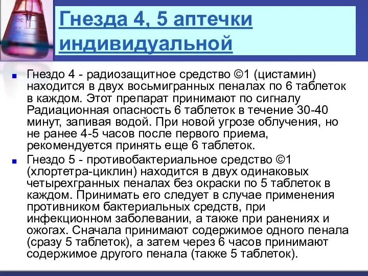 Гнезда 4, 5 аптечки индивидуальной Гнездо 4 - радиозащитное средство ©1