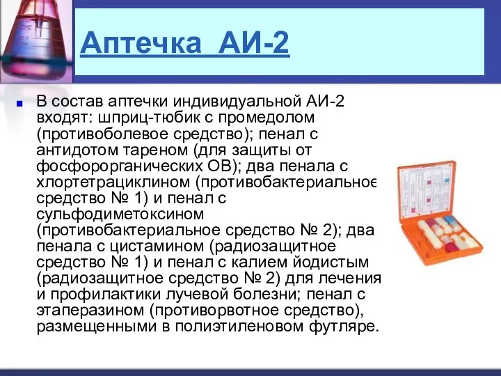 Аптечка АИ-2 В состав аптечки индивидуальной АИ-2 входят: шприц-тюбик с промедолом
