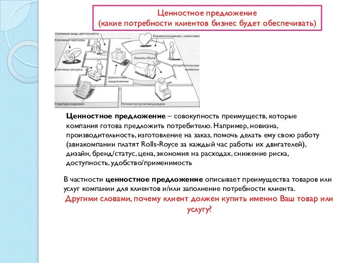 Ценностное предложение – совокупность преимуществ, которые компания готова предложить потребителю. Например,