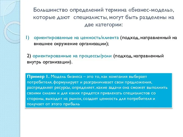 Большинство определений термина «бизнес-модель», которые дают специалисты, могут быть разделены на