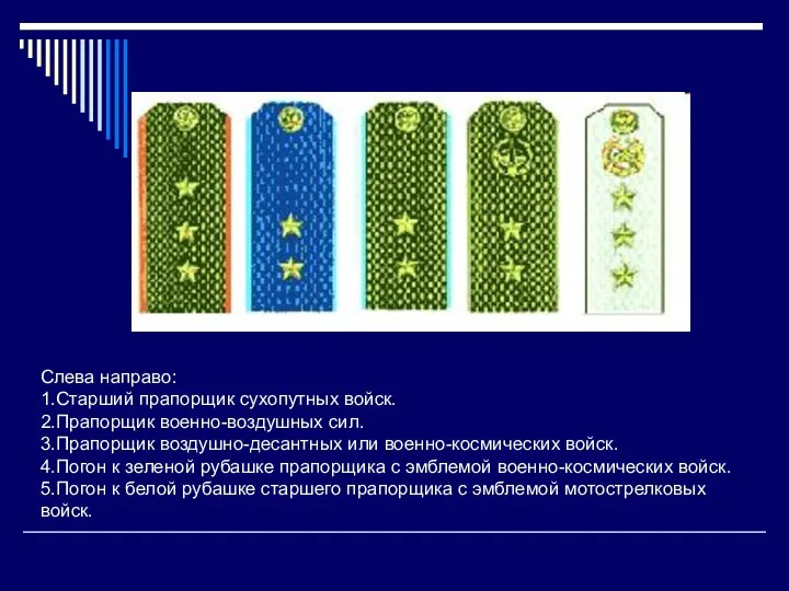 Слева направо: 1.Старший прапорщик сухопутных войск. 2.Прапорщик военно-воздушных сил. 3.Прапорщик воздушно-десантных