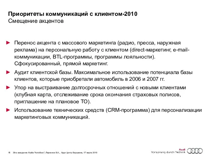 Приоритеты коммуникаций с клиентом-2010 Смещение акцентов Перенос акцента с массового маркетинга